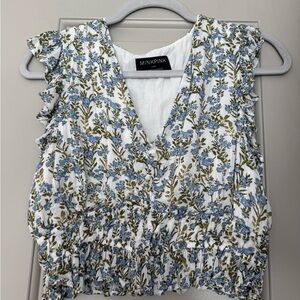 MINKPINK White and Blue Floral Blouse